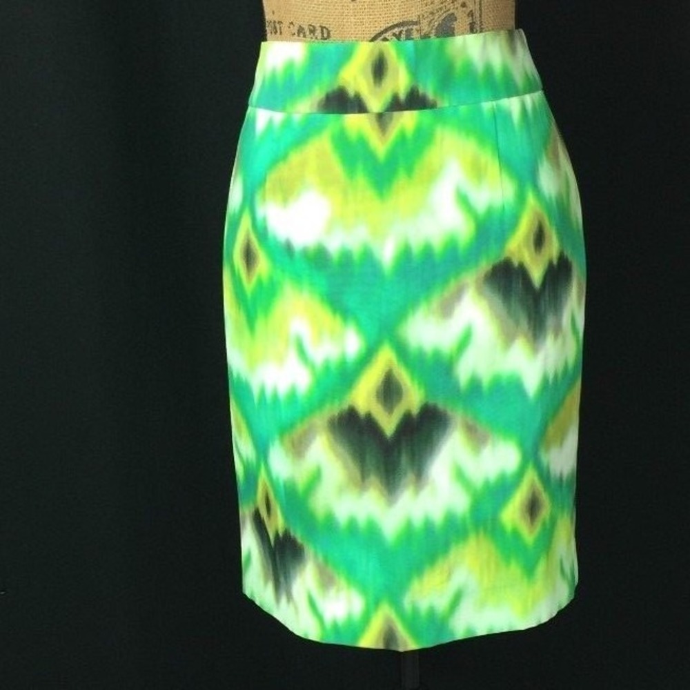 Per Se Pencil Skirt 4 Bright Green Yellow Watercolor Ikat MONET Zip Career S new
